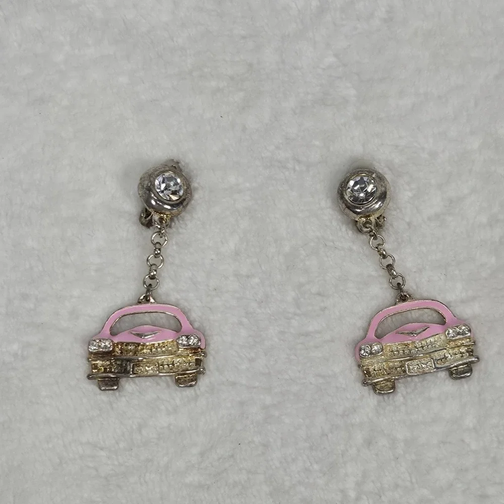 Vintage Mary Kay‎ Pink Cadillac Earrings Rhinestone Kitsch Car Novelty